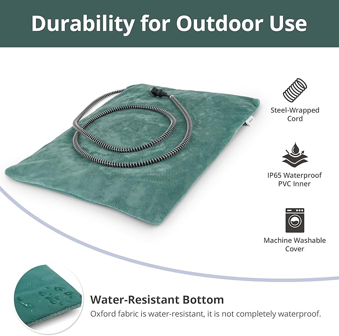 Outdoor Heated Cat Bed, Soft Pet Heating Pad with Steel-Wrapped Cord, Outside Pet Warmer for Feral Cats and Dogs, 15.7" x 11.8", 30 Watts