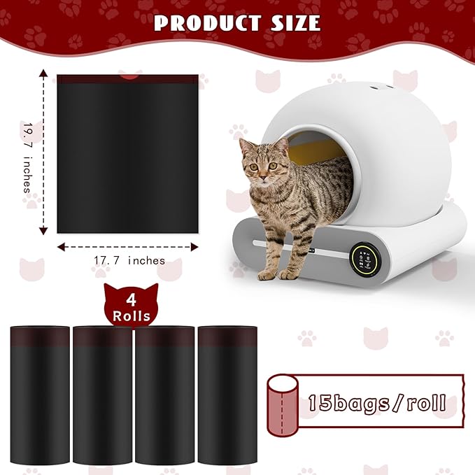 Cat Waste Bags for Automatic Cleaning Litter Boxes, 19.7 x 17.7 Inches Black(4 Packs/80 Counts) Black-Red