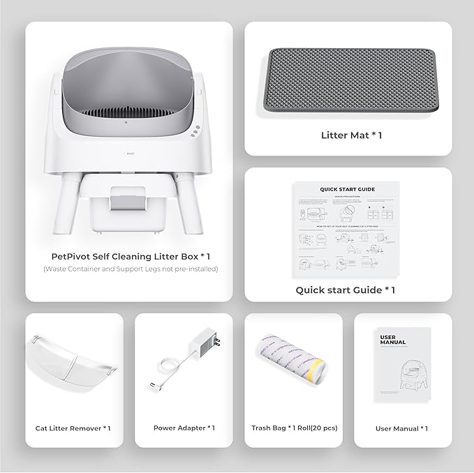 Self Cleaning Cat Litter Box, Safety Sensor and Open Top Design for Multiple Cats, Automatic Cat Litter Box with Liners and Mat Included, Grey