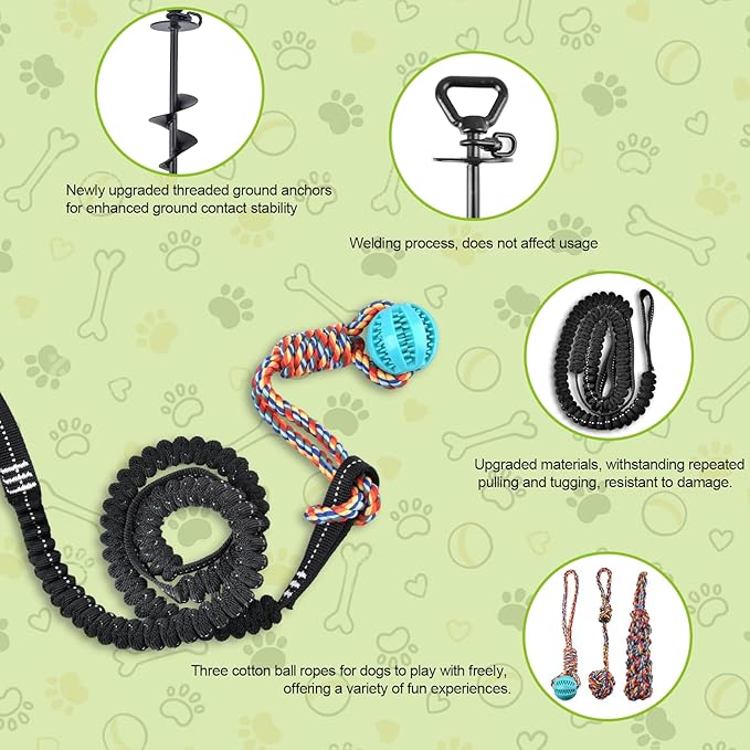 Tether Tug Outdoor Dog Toy with Upgraded Steel Stake & Adjustable Safety Rope, Includes 3 Chew Toys , Durable Interactive Tug of War Bungee Rope Toy for Large, Medium & Small Dogs on Lawns or Trees