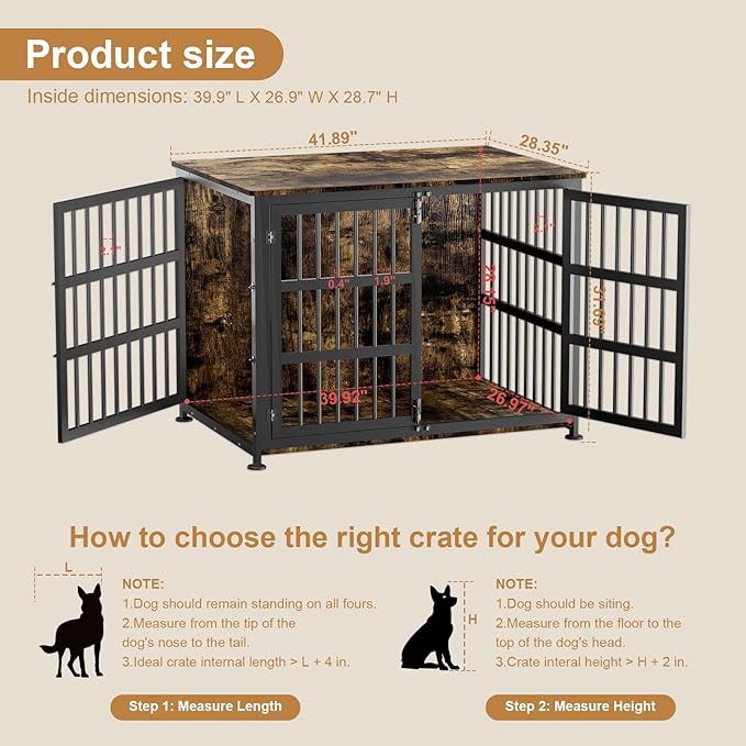 42" Furniture Style Large Dog Crate with Wheels, Metal Chew-Resistant Dog Kennel Indoor for Large & Medium Dogs, 41.9" W x 28.3" D x 31.7" H, Decorate House as TV Stand, End Table — Rustic Brown