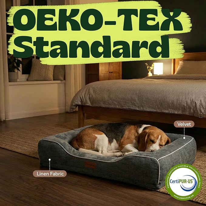 Orthopedic Dog Beds Large Sized Dog with Removable Faux Fur Washable Covers,Waterproof Pet Couch Bed with Cooling Gel Memory Foam and Bolster Side for Big Breed Pets,36" Dark Grey