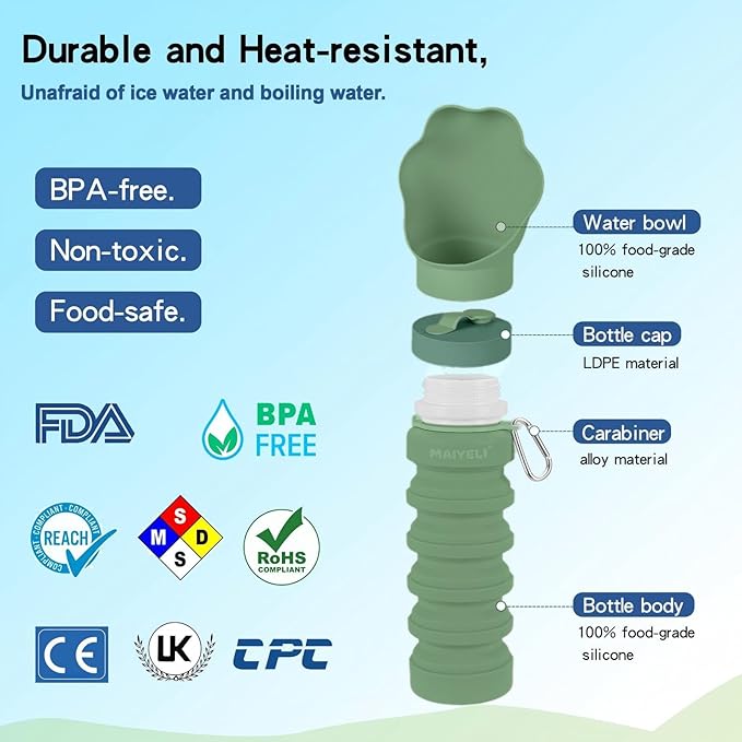 Collapsible & Portable Dog Water Bottle with Dispenser for Walking, Travel, and Outdoor, 9oz-17oz Leak-Proof Silicone Water Bottle for Dogs on The Go (Green)