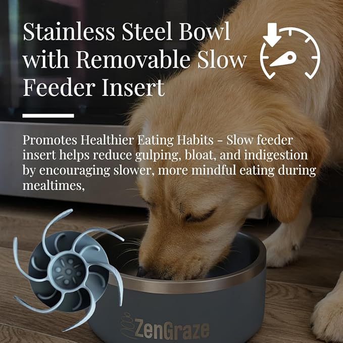 Slow Feeder Dog Bowl with Premium Lick Mat Lid | Heavy Duty Stainless Steel Dog Bowls | Silicone Slow Feeder Insert | Non-Slip & Durable | 64 oz | Medium to XL Dogs (Steel Gray)