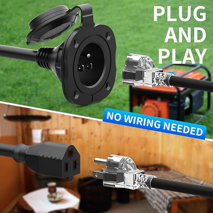 15 Amp AC Port Plug, 125V Power Inlet Socket with Waterproof Cover & Integrated 18" Extension Cord, 2 Pole 3-Wire NEMA 5-15 Flanged Generator Inlet Plug for RV Boat Electrical Connections