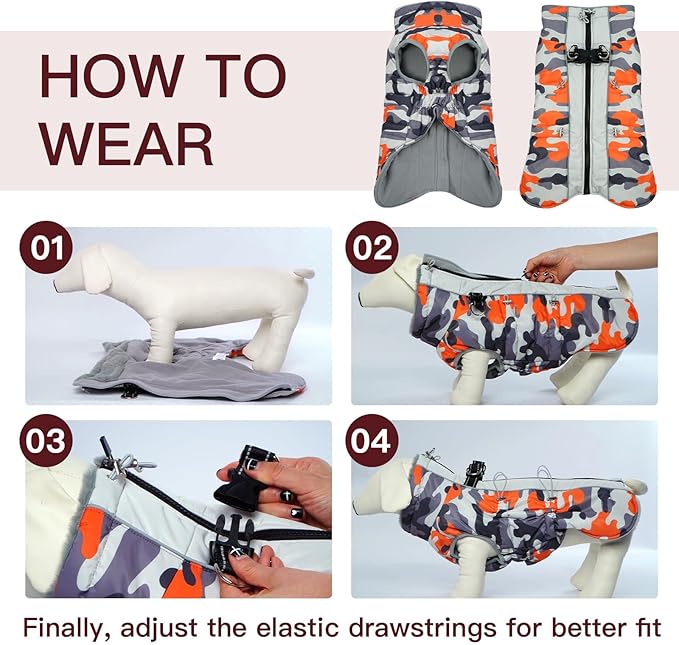 Dog Winter Jacket XX-Large Orange-Camouflage Water-Resistant Dog Coat with Harness for Large Dogs