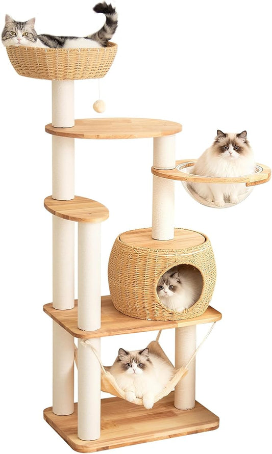 Wood Cat Tree for Large Cat, 57-Inch Tall Cat Tower with Scratching Post for Indoor Cats, Multi-Level Cat Condo with Hand-Woven Cat Bed and Hammock Acrylic Bowl Easy to Clean (DC888)