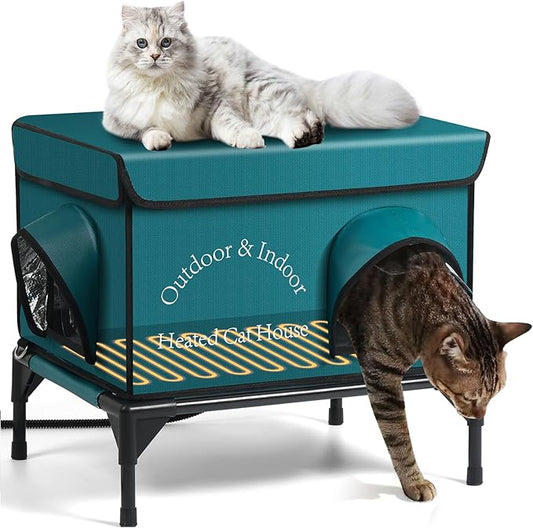 Heated Cat House for Outside Cat in Winter, Insulated Outdoor Feral Cat Shelter with Cat Heating Pad, 2 Doors,Elevated Waterproof Heated Kitty House (Blue, 21.5"x16.5"x18")