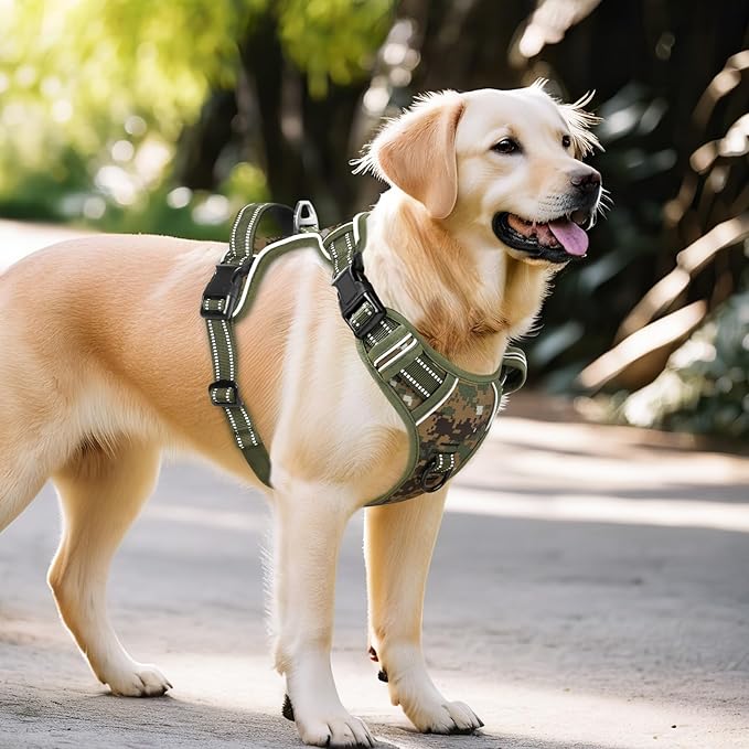Timos Dog Harness Large Sized,No Pull Dog Harness Adjustable Metal Rings 3 Buckles,Reflective No Choke with Easy Control Handle for Large Dogs,Military Green XL