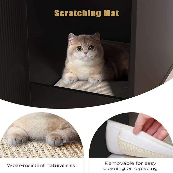 Litter Box Enclosure, Cat House Litter Box Furniture Hidden with Scratching Mat, Modern Cat Washroom Indoor, Side End Table, Storage Cabinet Bench for Living Room, Bedroom, Black