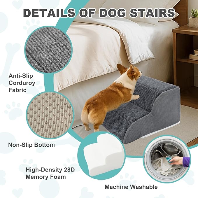 Docred 2-Step Dog Stairs for Small Dogs and Cats - Doggy Ramp, Non-Slip Sturdy Pet Steps for Beds, Couch, Sofa, Washable Dog Ramp with Removable Cover