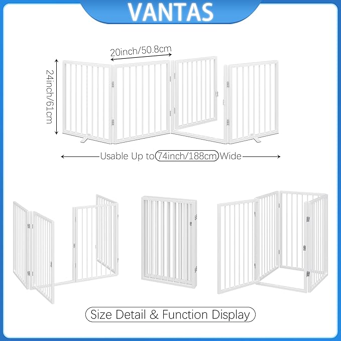 Vantas Folding No-Assembly Metal Pet Gate 80" Wide, 24" Extra Tall Dog Gate with Door Walk Through, Freestanding Accordion Puppy Gate Dog Door for Indoor & Outdoor, with 2PCS Support - White