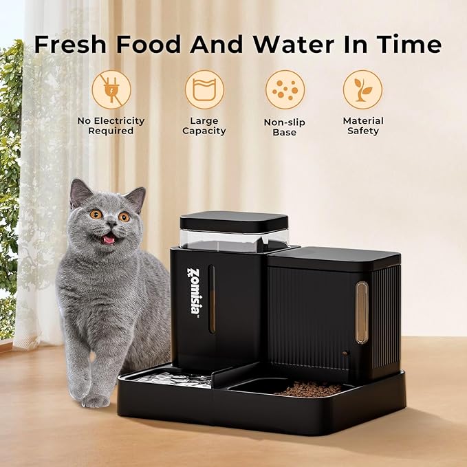 Automatic Cat Feeder and Water Dispenser Set, 2 in 1 Gravity Cat Food Dispenser with 180 Degree Rotatable, Pet Self Feeding Large Capacity for Small Dogs Puppy Kitten, Black, 0.8 Gallon x 2