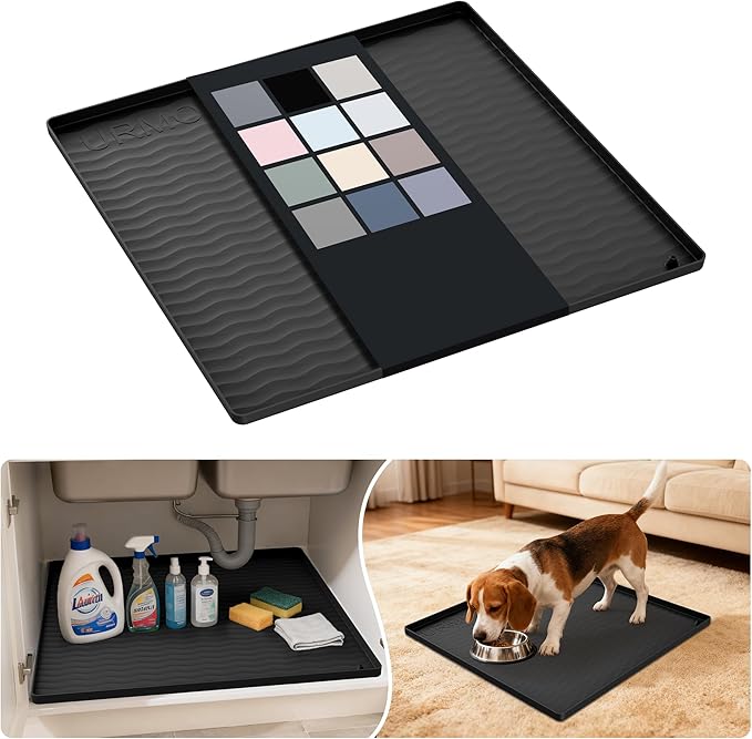 URMONA Waterproof Silicone Under Sink Mat 19'' x 19'' Shelf Liner for Kitchen and Bathroom, Cabinet and Counter Protector, Storage and Organizers, Litter Mat, Pet Cat Puppy Essentials(Black)