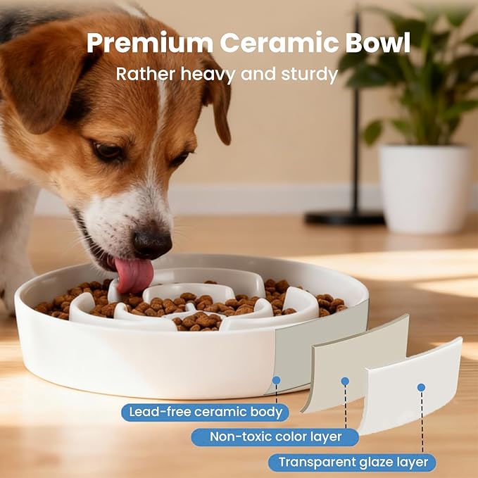 Ceramic Slow Feeder Dog Bowls,2.0 Cups Slow Feeder for Medium Large Breed,Puzzle Dog Food Bowl to Slow Down Eating, Anti-Gulping, Stop Bloat,Preventing Choking,Anti-Slip,8in,White
