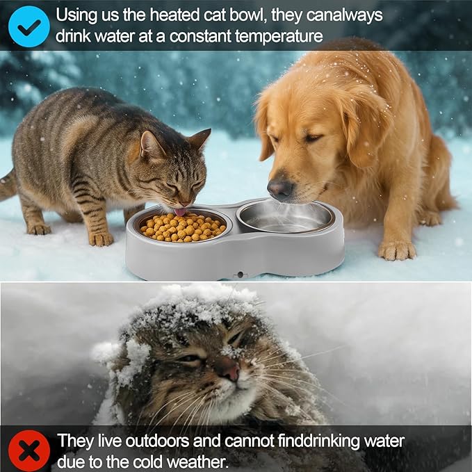 Pet Heated Bowl for Cat Dog, Freeze-Proof Warming Animal Food Feeder with Anti-Chew Cord,Waterproof & Thermostat Heating Bowls Removeable, (2 x 23 fl oz, Grey)