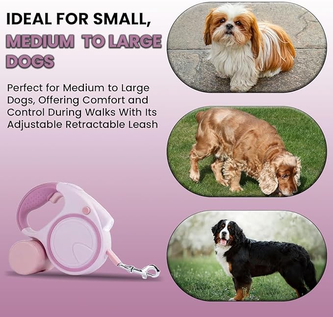 Retractable Dog Fancy Leash with Flashlight and Dispenser, 16 ft Dog Retractable Leash is Perfect for Safe and Comfortable Walking with Your Pet - Suitable for Small Medium Large Dogs (Pink)