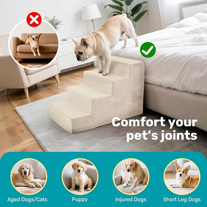 Dog Stairs for Bed, Extra Wide 4-Step Dog Steps for High Bed, High-Density Foam Pet Stairs with Non-Slip Removable Washable Cover for Small Pets, 18" H, Beige