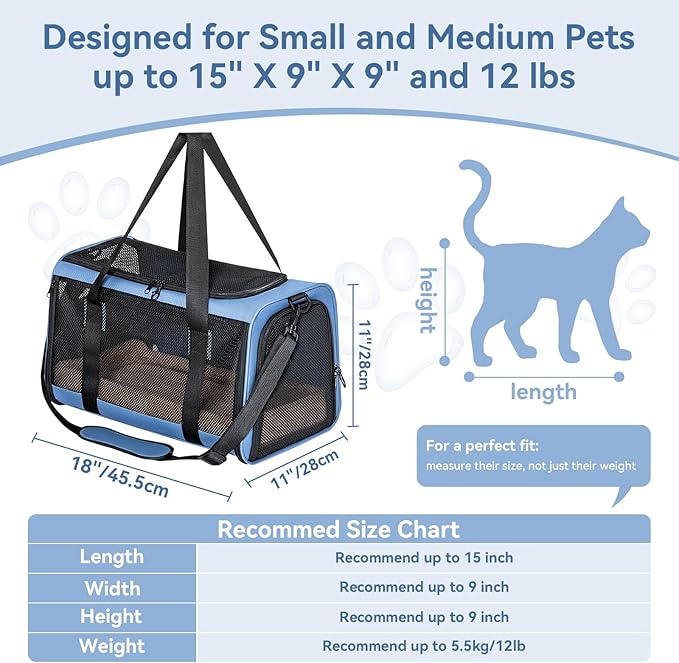 PETSFIT Cat Car Carrier for Small/Medium Cats Dogs, 18"x11"x11" Airline Approved Cat Carrier, with Patent Safety Buckles and Escape-Proof Zipper - Safeguarding Car Travel, Airplane, Vet, Outdoor