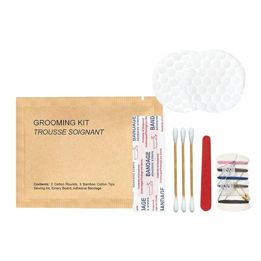 World Amenities Kraft Paper Grooming Kit - Travel Size Toiletries - Cotton Rounds, Bamboo Cotton Tips, Sewing Kit, Emery Board (25 Pack)