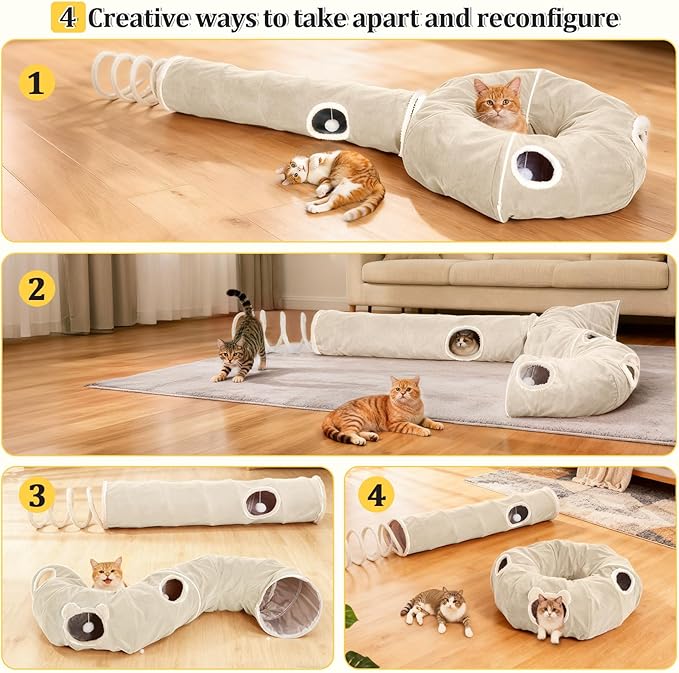 Ownpets 2-in-1 Cat Tunnel, Large Lollipop Shape Cat Tunnel Toy with Fluffy Balls, Spiral Toy, Plush Collapsible Cat Cave Hideout Donut Tunnel for Multi Kitten Puppy Rabbit (Beige)