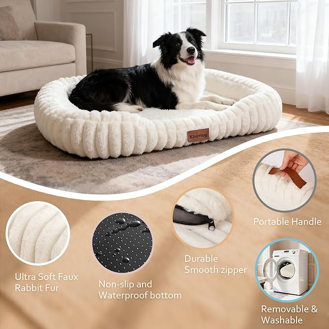 Dog Bed Large Size Dogs Washable Soft Furry Pet Bed, Calming Rectangle Large Dog Bed with Removable Cover & Anti-Slip Bottom, Orthopedic Anti-Anxiety Pet Bed with Handle, 35x27x5inches, Cream