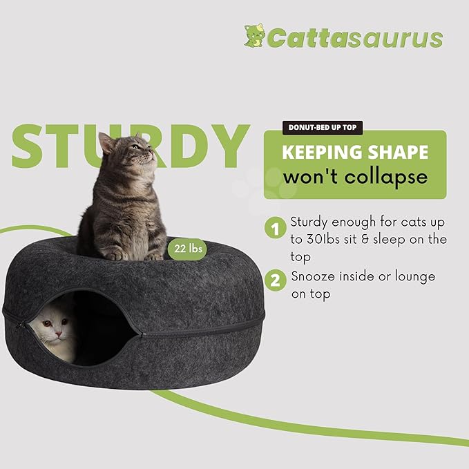 Cattasaurus Peekaboo Cat Cave Donut for Multiple & Large Cats up to 30-45 lbs, 3-in-1 Self Warming Cat Bed, Tunnel & Scratcher for Indoor Cats, Washable & Detachable (Dark Gray + Dark Gray, Large)