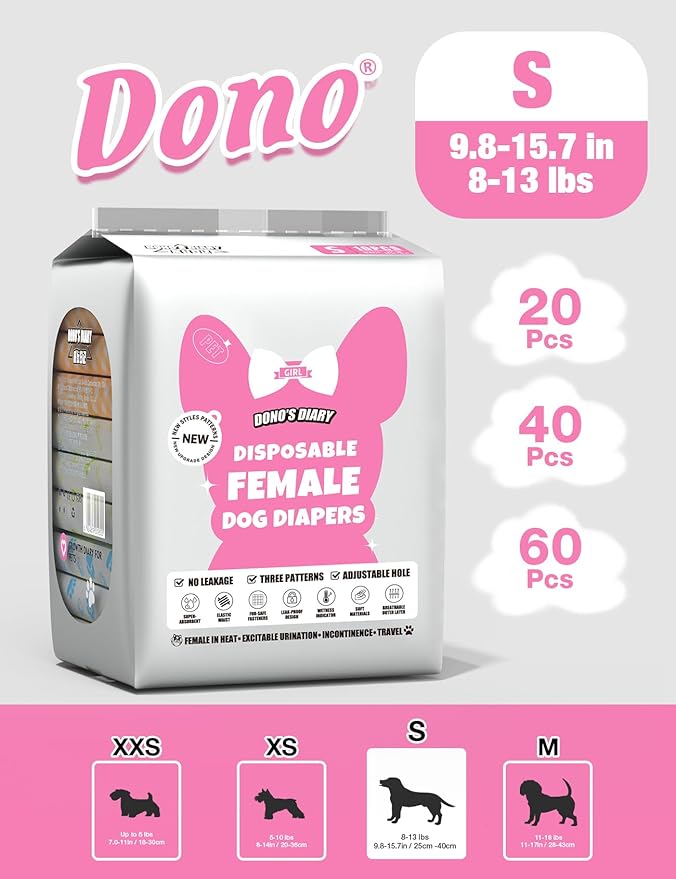 Dono Disposable Dog Diapers Female with Wetness Indicator, Disposable Doggie Diapers for Female Dogs in Heat, Super Absorbent Puppy and Kitten Doggie Diapers Female for Small Medium Large Dogs