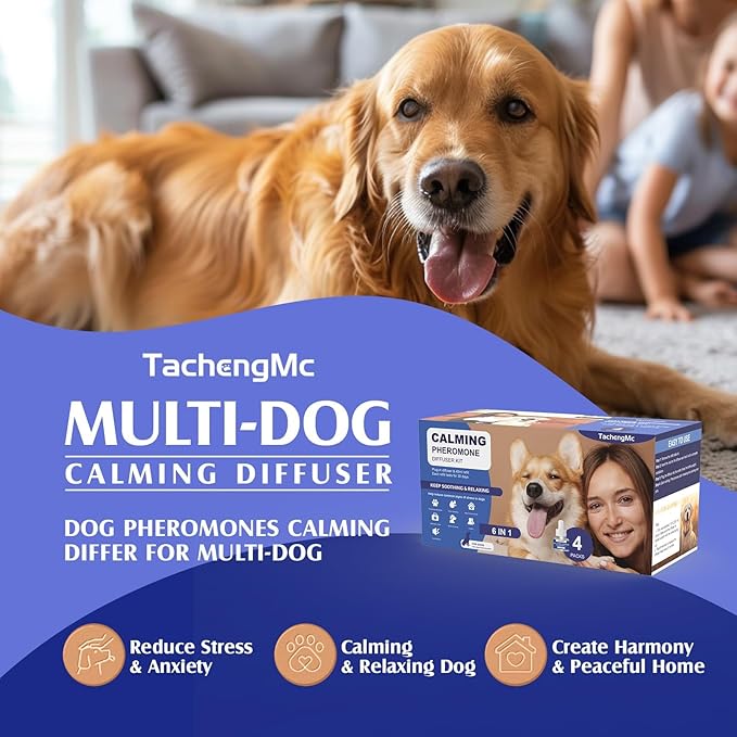 Dog Calming Pheromones Diffuser, 6 in 1 Kit Appeasing Pheromone Diffuser to Calm Dogs, Dog Anxiety Relief Lasting 120 Days with 2 Diffuser + 4 48ml Refill