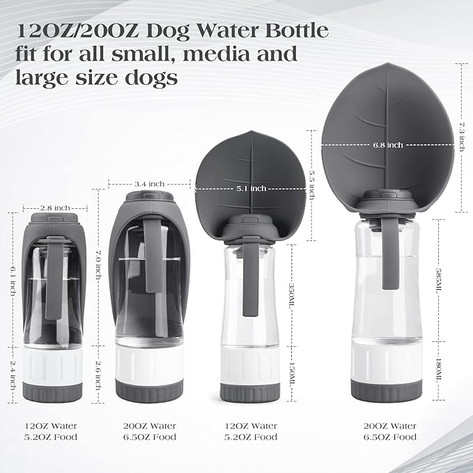 Upgraded Dog Water Bottle, Portable Dog Cat Puppy Pet Water Dispenser Feeder with Drinking Cup and Food Container Leak Proof for Outdoor Walking, Travel, Hiking 12OZ Grey