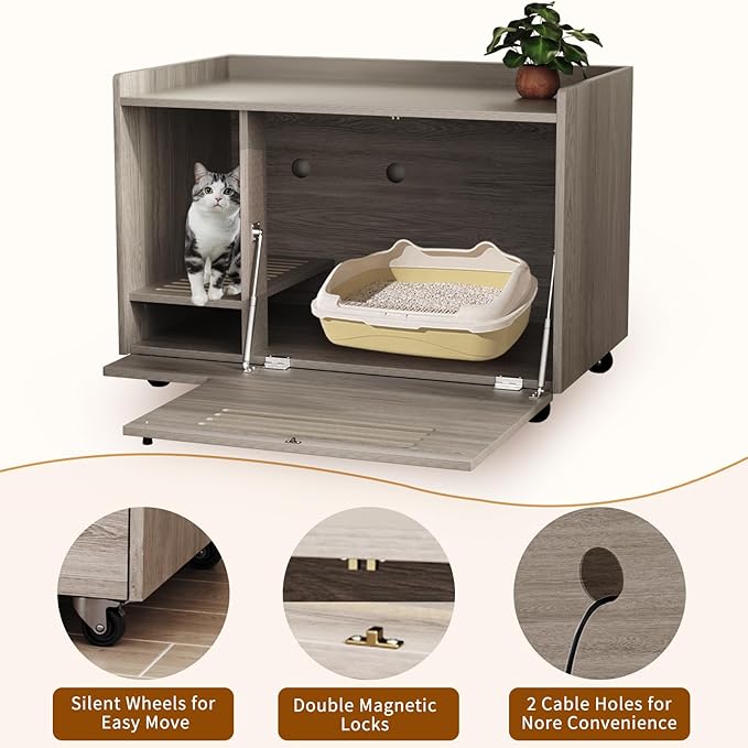 YZU Cat Litter Box Enclosure, Litter Box Furniture Hidden with Movable Wheels, Wooden Pet House Cabinet with Side End Table, 4-Grilles, Cat Litter Mat