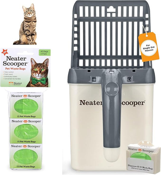Neater Pet Brands Neater Scooper Standard Cat Litter Scoop, 60 Refill Bags – Mess-Free Cat Litter Scooper with Bag, Spill-Proof Kitty Box Sifter, Bin Doubles as Scoop Holder, For Single-Cat Households