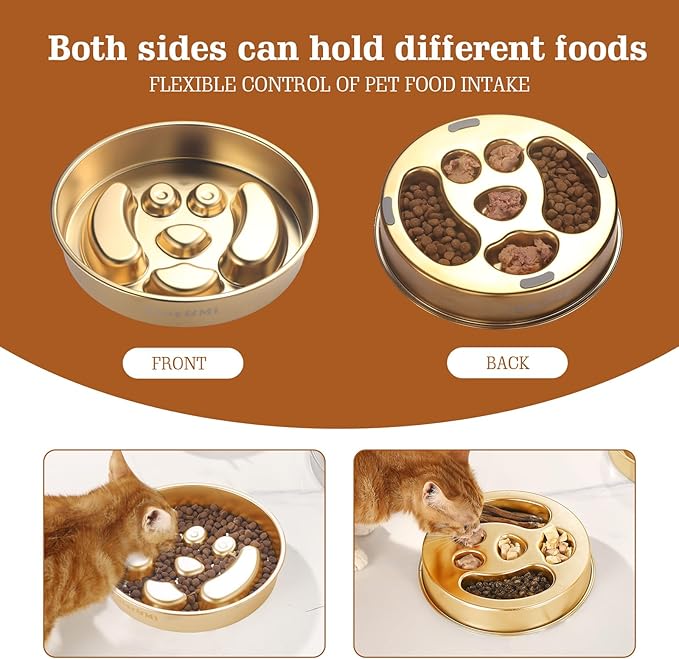 Golden Stainless Steel Slow Feeder Dog Bowls – Non-Slip Metal Dog Bowl for Large & Medium Breeds, Puppy Puzzle Feeder – 2 Cup Capacity for Small to Big Pets – Durable Slow Feed Dog & Cat Food Dish