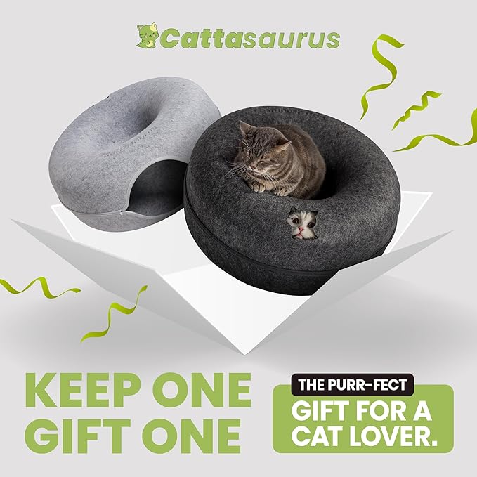 Cattasaurus Peekaboo Cat Cave Donut for Multiple & Large Cats up to 30-45 lbs, 3-in-1 Self Warming Cat Bed, Tunnel & Scratcher for Indoor Cats, Washable & Detachable (Light Gray + Dark Gray, Large)