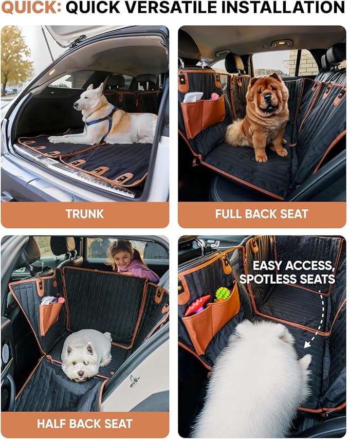 Owleys Hard Bottom Pet Seat Cover for Back Seat – Heavy Duty Waterproof Dog Hammock Bed –Travel Protector for SUVs, Sedans & Trucks – Foldable Design - 2 Pockets – Mesh Ventilation Windows