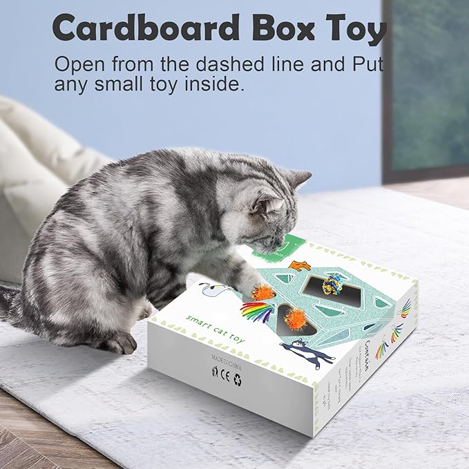 Migipaws MigiBox Cat Toy with PopSkin, Interactive Kitten Toy for Indoor Cats, Automatic Pop Out Feathers from 7 Holes Randomly, Pounce Mystery Under Cover to Stimulate Bored Furry, Rechargable