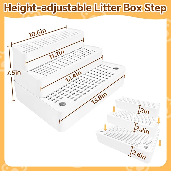Adjustable 3 Steps Litter Box Ramp,Cat Litter Catcher, Cat Litter Box Step for Small & Elderly Cats,Easy to Clean,White