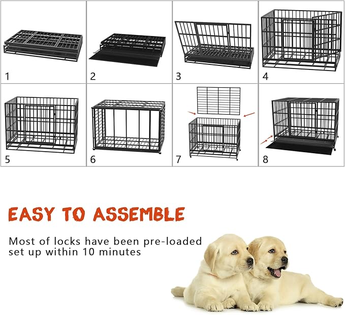 LEMBERI 48/38 inch Heavy Duty Indestructible Dog Crate, Escape Proof Dog Cage Kennel with Lockable Wheels,High Anxiety Double Door Dog Crate,Extra Large Crate Indoor for Large Dog with Removable Tray