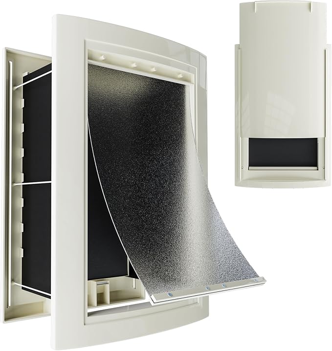 mestyl Dog Door for Wall, Pet Door, Doggie Door with Telescoping Tunnel, Double Magnetic Flaps and Sliding Lock Panels, 3-Flap Dog Door and Cat Door, Easy to Install, White, Medium