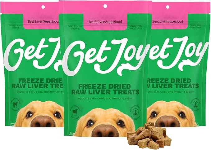 Get Joy Freeze Dried Superfood 100% Beef Liver Dog Treats, 4 Ounce Bag (Pack of 3), Single Ingredient Organ Meat, High Protein, Vision, Skin & Coat Health, Grain Free, Gluten Free, Made in USA