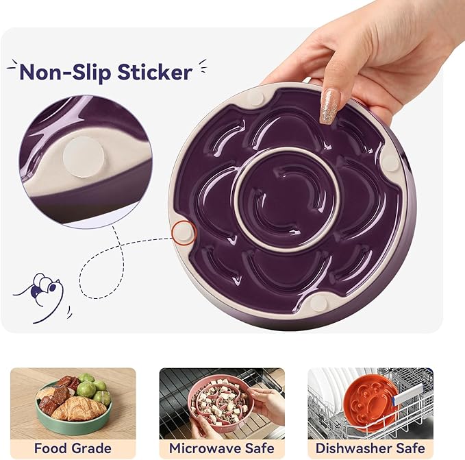 Ceramic Dog Slow Feeder Bowl - Small Dog Food Dish with Maze Puzzle Design - Slow Eating Puzzle Feeder for Pet Feed & Food Control - Whisker-Friendly Bowl for Cat Feeding - 6.3 Inch - 180 g - Grey