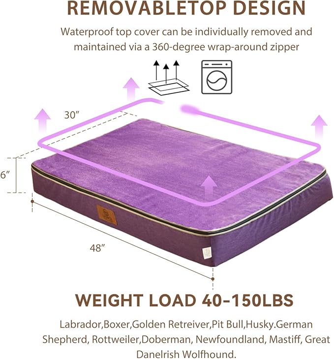 Orthopedic Memory Foam XXL Dog Bed - 6" Thick Beds for Extra Large Sized Dog - Waterproof Removable Washable Cover & Wrap-Around Zipper - Ultimate Comfort & Easy Maintenance, Purple