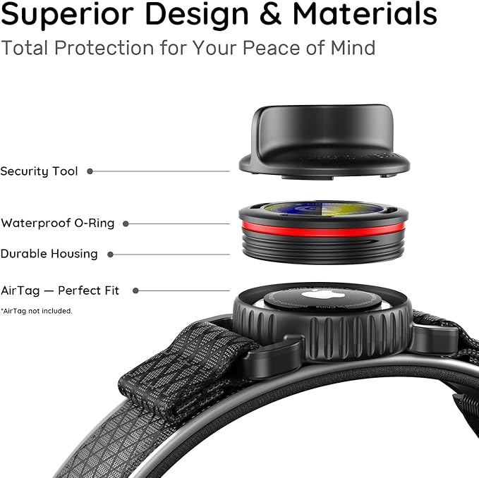 AirTag Dog Collar with QR Code ID & Waterproof Holder - Reflective, Durable Padded Oxford Collar Compatible with Apple AirTags for Large Dogs (Black, L)