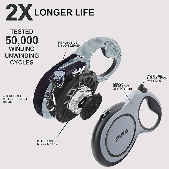 PINA Upgraded Retractable Dog Leash, 26 ft Dog Leash for Small Medium Large Dogs Up to 110lbs, Heavy Duty Reflective Nylon Tape 360° Tangle-Free, with Anti-Slip Handle, One-Handed Brake, Pause, Lock