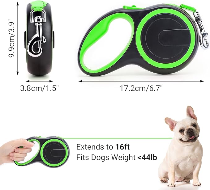 Segarty Extendable Dog Leash, 16ft Heavy Duty Walking Dog Leash for Medium Small Dogs up to 44lb, Anti-Slip Handle 360°Tangle-Free Nylon Tape, One-Handed One Button Lock and Release (Green)