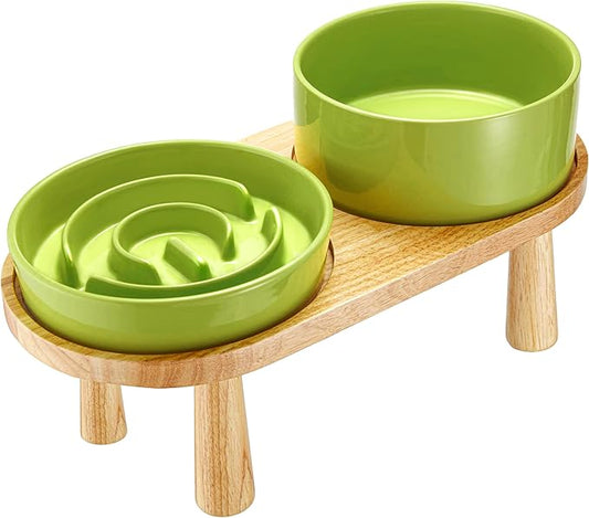 Ceramic Slow Feeder and Water Bowl Set for Medium and Large Dogs, 8.0inch Ceramic Dog Bowls Elevated with Wooden Stand, 2.0 Cups Dog Slow Feeder(30oz) and 70oz Water Bowl Set, Green