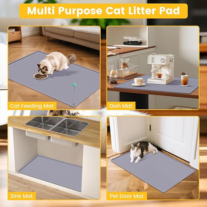 Cat Litter Mat, 38"X25" Large Litter Box Mat, Waterproof and Easy to Clean Silicone Cat Mat for Litter Box, Mat Litter Trapping Mat for Scatter Control, Keep the Floor Clean (Gray)