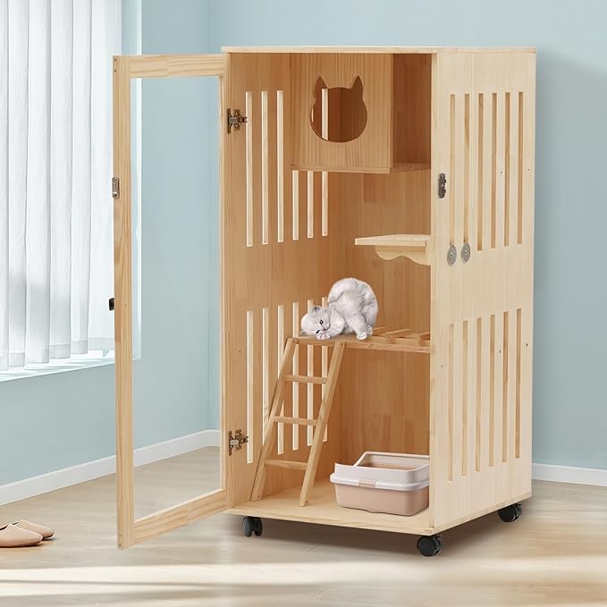 Large Wooden Cat House, Luxury Multi-Feature Cat Condo with Cat Scratching Posts, Oversized Indoor Villa Enclosed Design with Wheels and Ventilation Doors