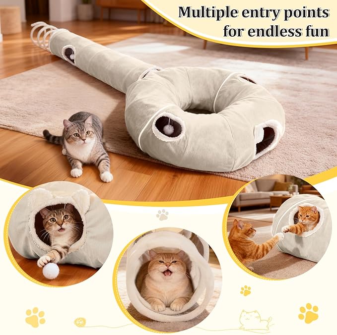 Ownpets 2-in-1 Cat Tunnel, Large Lollipop Shape Cat Tunnel Toy with Fluffy Balls, Spiral Toy, Plush Collapsible Cat Cave Hideout Donut Tunnel for Multi Kitten Puppy Rabbit (Beige)