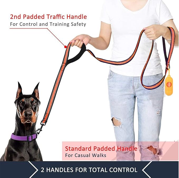JSXD Heavy Duty Double Handle Dog Leash - 5 FT with Padded, Reflective Rope for Small to Large Dogs (Wide-Orange)